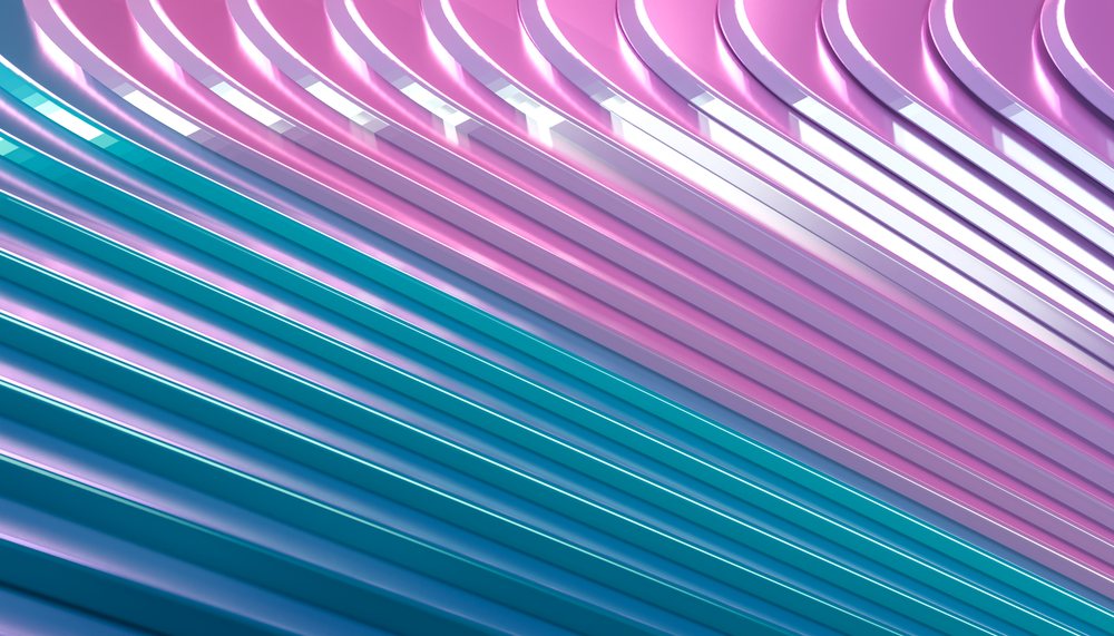 Colorful blue and pink curved parallel lines form a repetitive modern decorative abstract pattern.