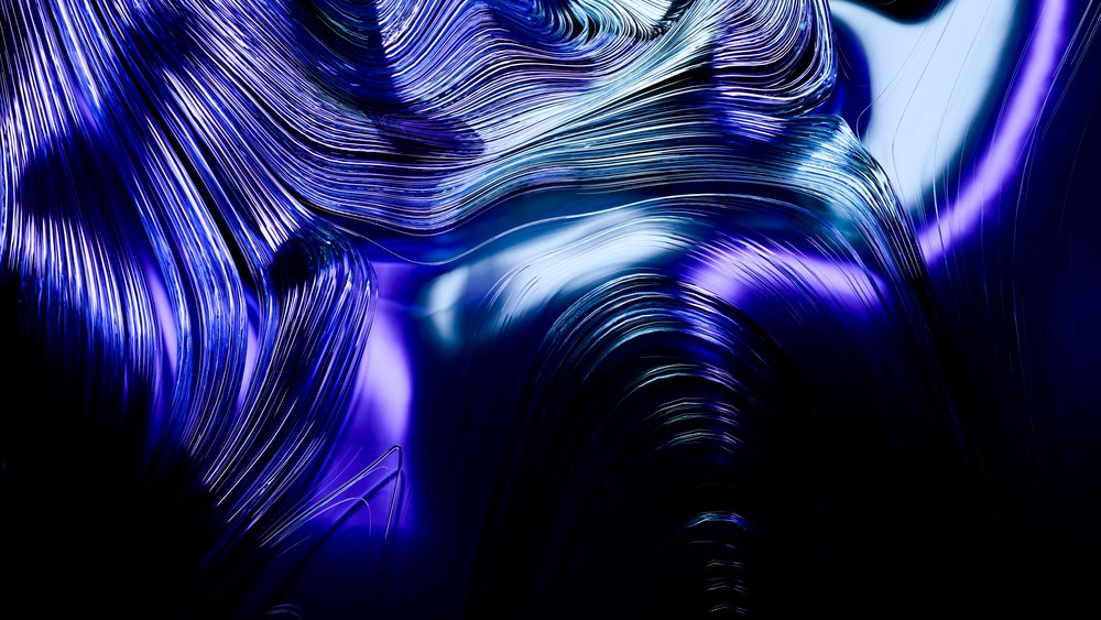 Abstract digital illustration with flowing shiny blue curved lines and wavy textures on a dark background.