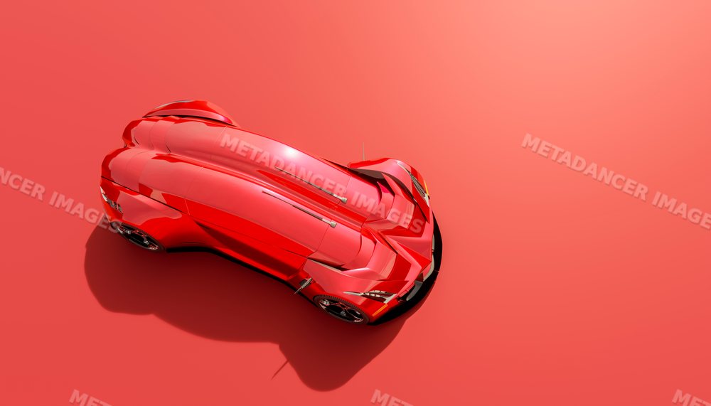 A sleek red futuristic vehicle showcased on a clean red background