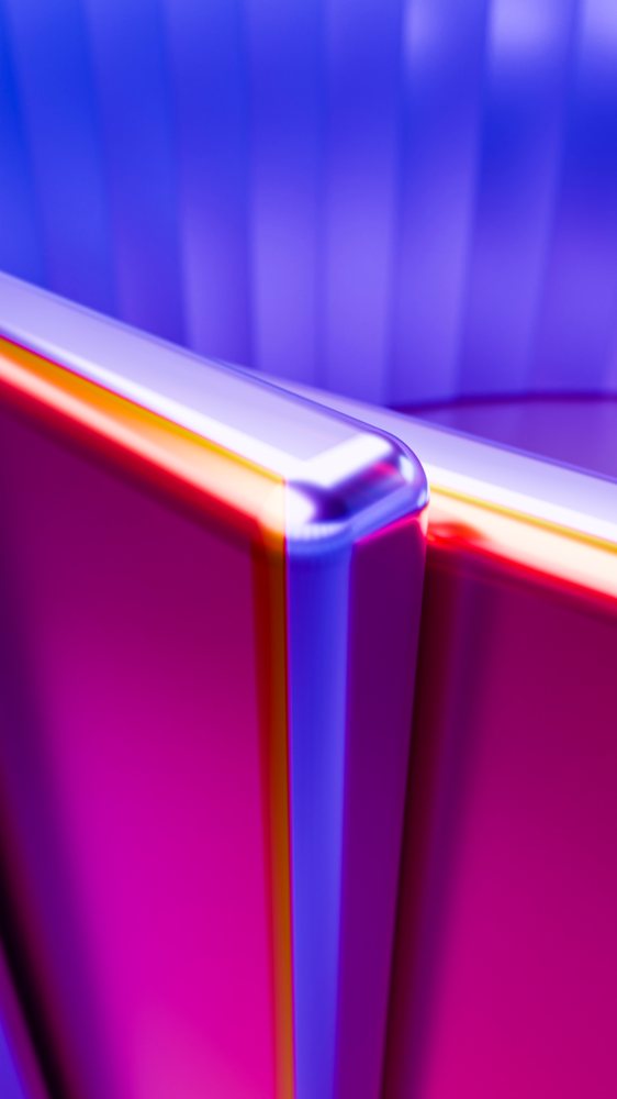 Abstract digital illustration featuring curved glass panels with vibrant blue, pink, purple, red, and orange colors and glossy reflections.