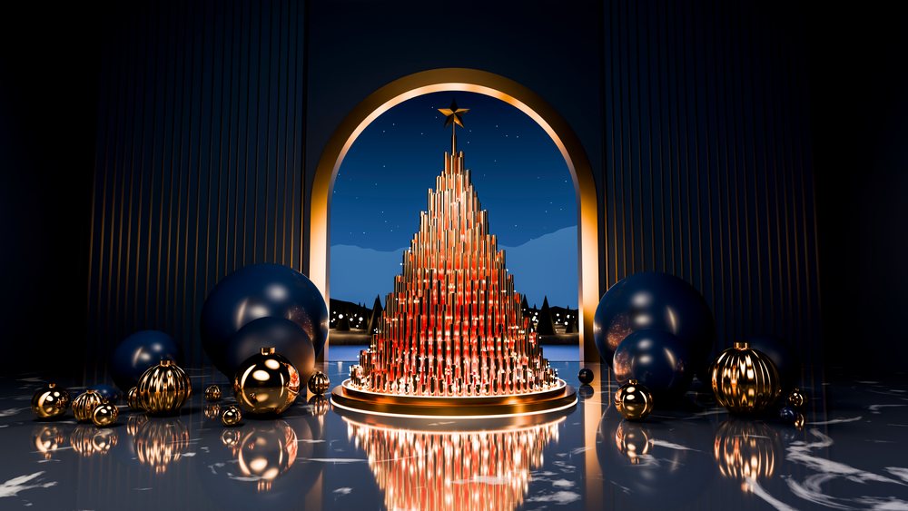 Modern Christmas tree with gold star and decorative spheres inside an illuminated archway under a starry night sky.