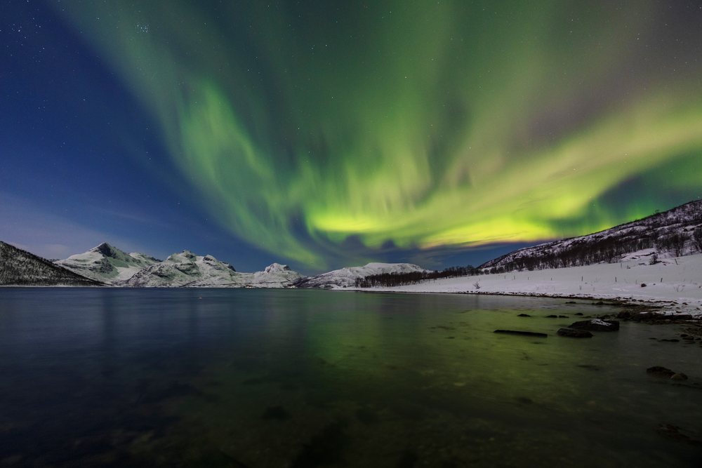 Northern Lights illuminate the night sky over snowy mountains and calm water, Landscape, Kvaløya, Norway.