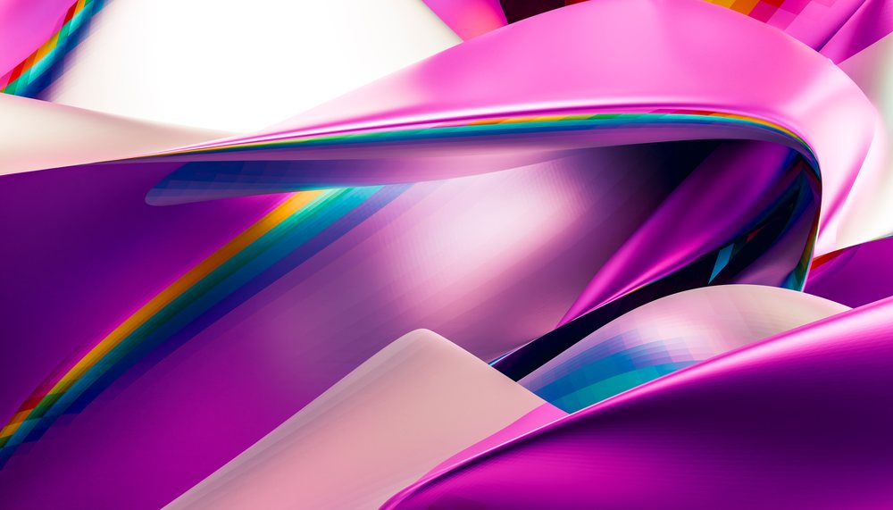 Abstract digital artwork featuring flowing smooth curved shapes in vibrant pink, purple, and rainbow colors.