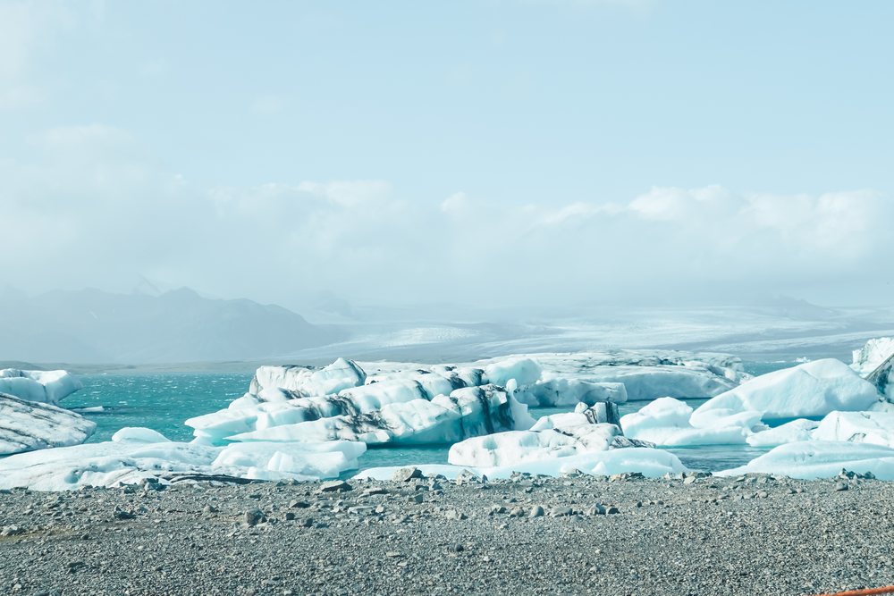 A scenic view of floating icebergs and glacier fragments along a rocky shoreline, Iceland.