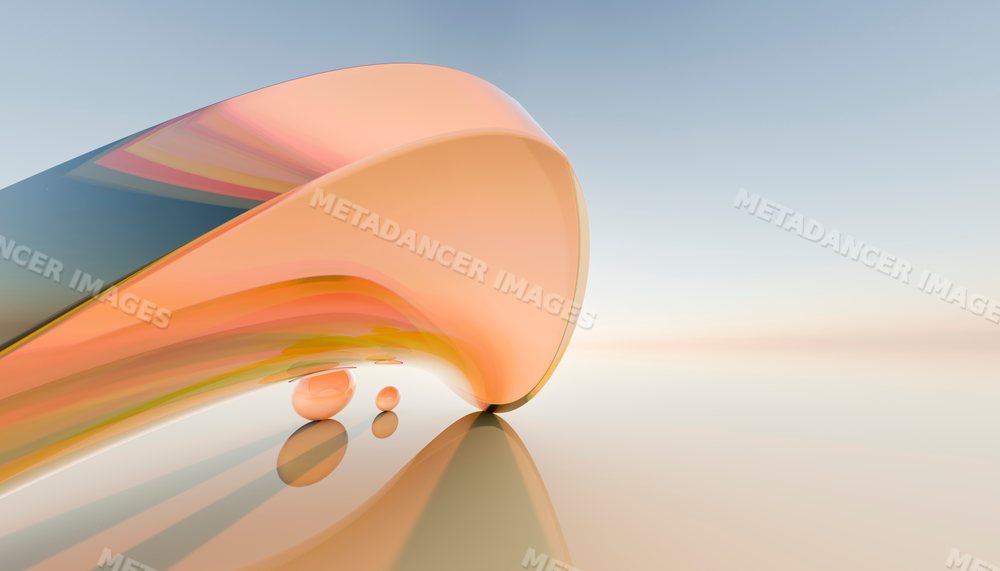 Abstract smooth orange glass sculpture with reflective curved shapes