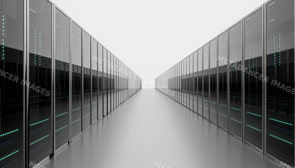 Row of server racks in a modern technology room