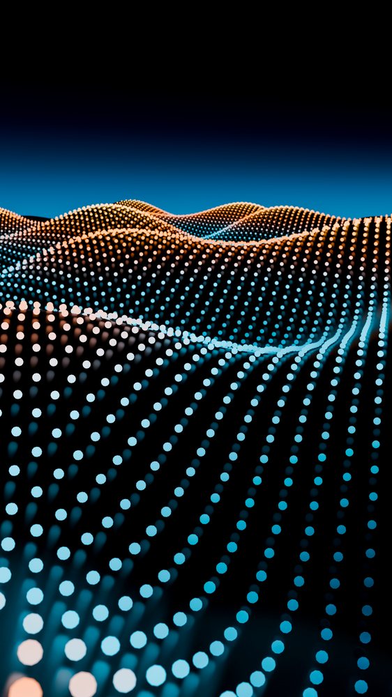 Orange and blue light dots form glowing 3D wave-like curves arranged in a grid on a dark background.