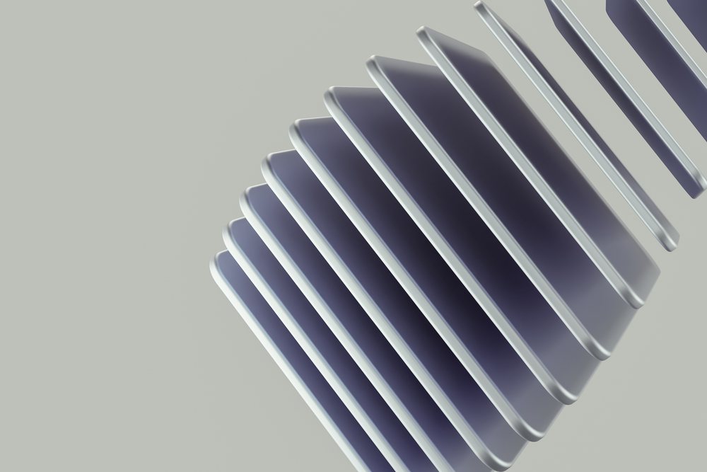 abstract 3d render of smooth layered curved shapes with gradient shading on gray background.