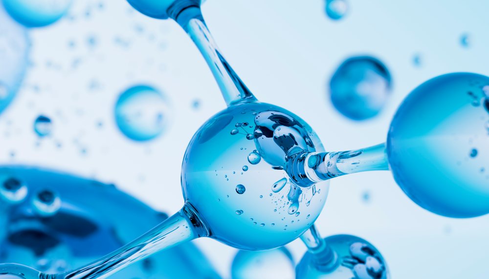 Molecular structure model represented by connected blue transparent spheres showing chemical bonds.