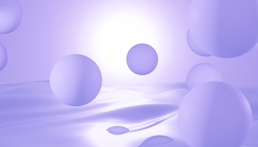 Abstract render of floating purple spheres over a smooth wavy surface under soft glowing light.