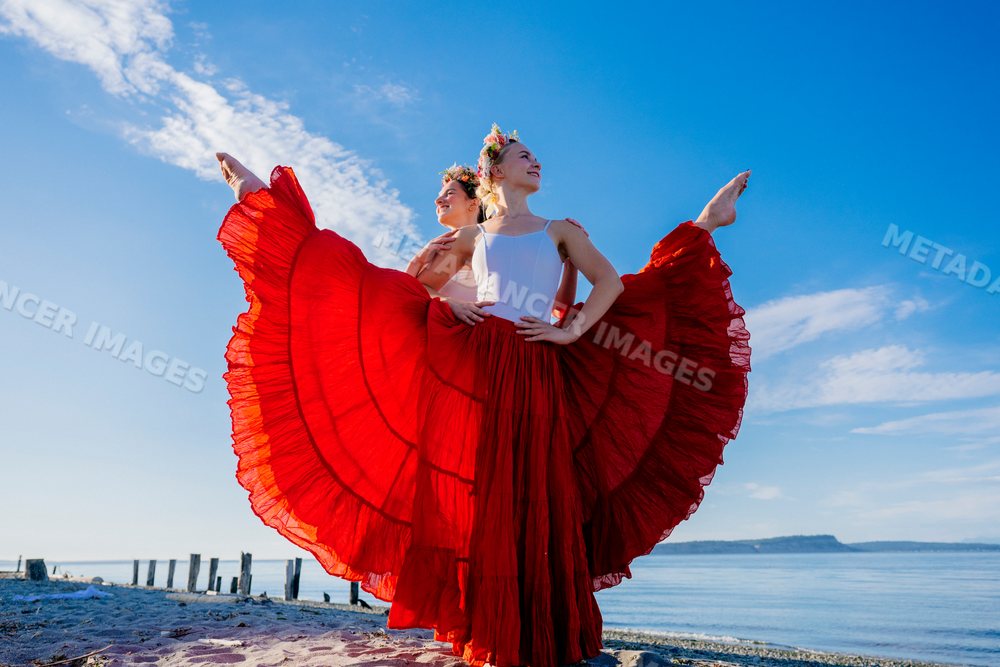 Two white women performing partner acrobatics yoga on a beach