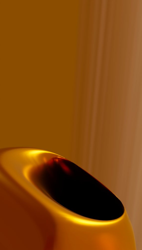 Golden abstract curved metallic object with shiny surface against brown background.