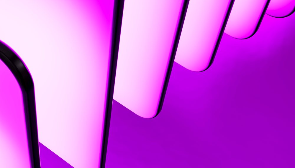 Multiple smartphones with glowing pink screens aligned vertically against a purple background.