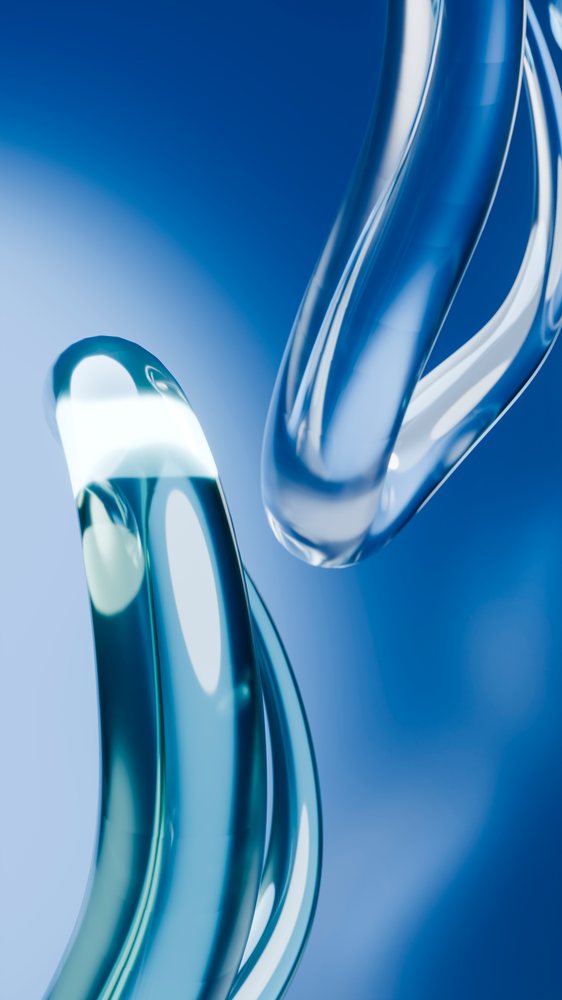 Digital 3D render of transparent flowing tubes with a blue gradient background and curved shapes.