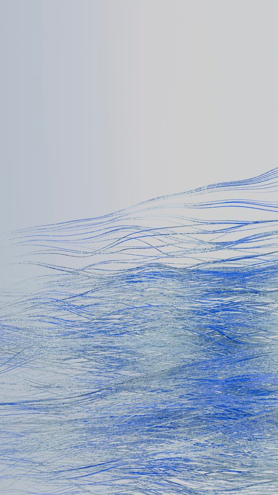 Blue flowing lines create a dynamic abstract pattern on a light gradient background.