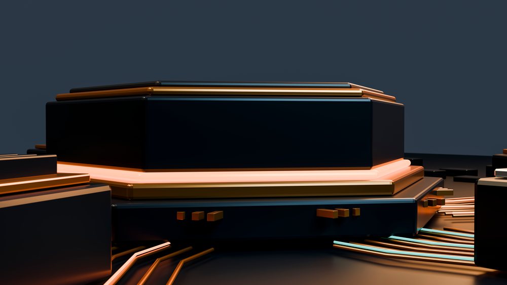 Abstract geometric sculpture featuring black octagonal shapes with glowing gold metallic edges on a dark reflective surface.