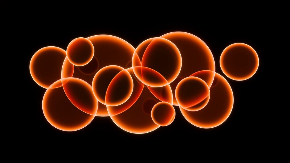 Multiple overlapping glowing orange circles with neon effect on a dark background in a digital abstract design.