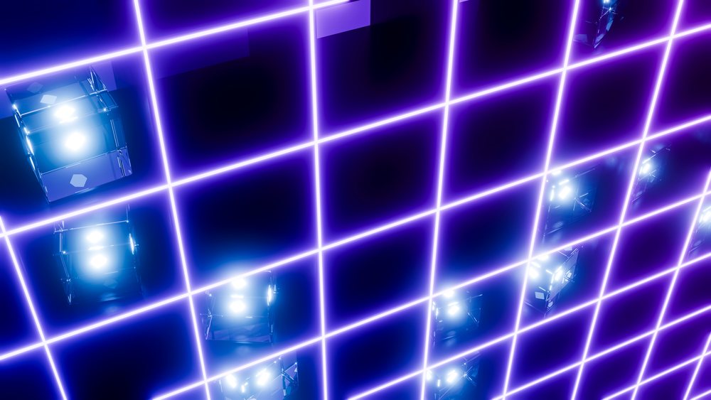 Glowing blue and purple neon cubes arranged in a geometric light grid forming a futuristic digital pattern.