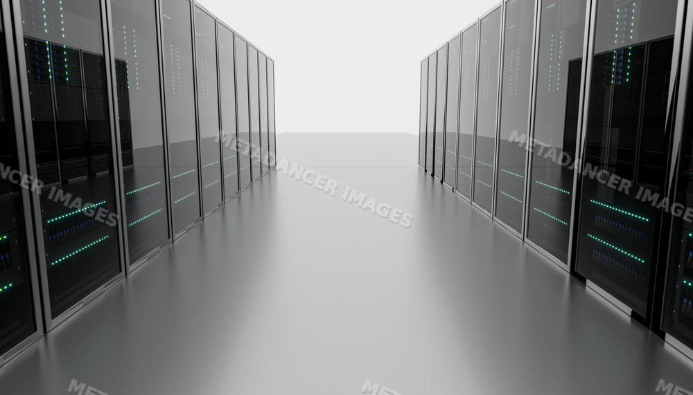 Interior view of a modern data center with rows of server racks