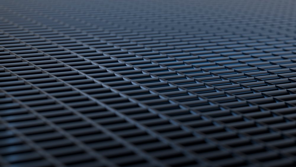Metal grid surface featuring repetitive blue steel pattern with industrial design.