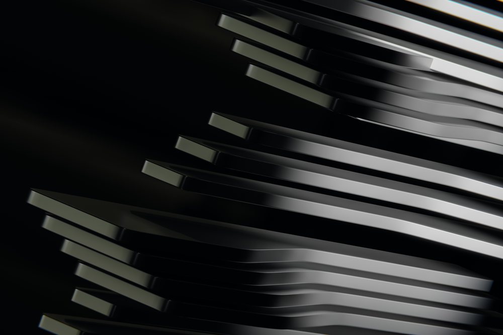 Abstract rendering of metallic layered shapes with smooth edges set against a dark background.