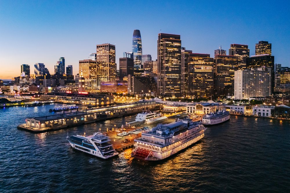 San Francisco Skyline with the Embarcadero waterfront and Pier 7 visible at Dawn, landscape, cityscape, city life, California, USA.