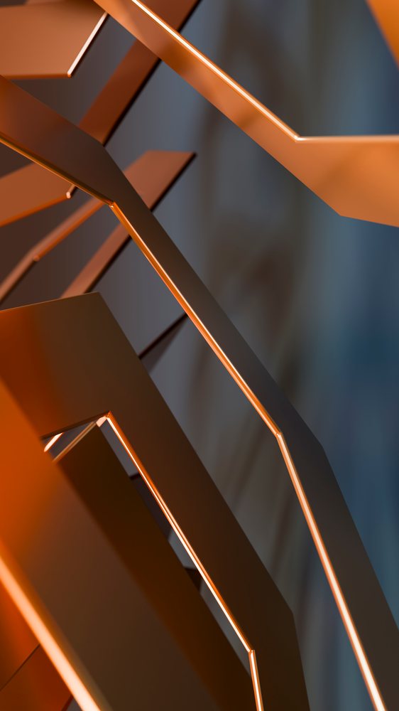 Abstract geometric metallic orange lines form a modern art pattern with sharp angular shapes on a dark background.