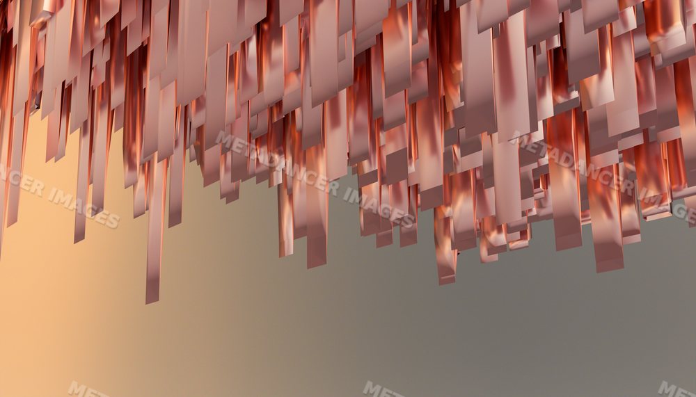 Abstract hanging metallic strips with copper reflections and gradient