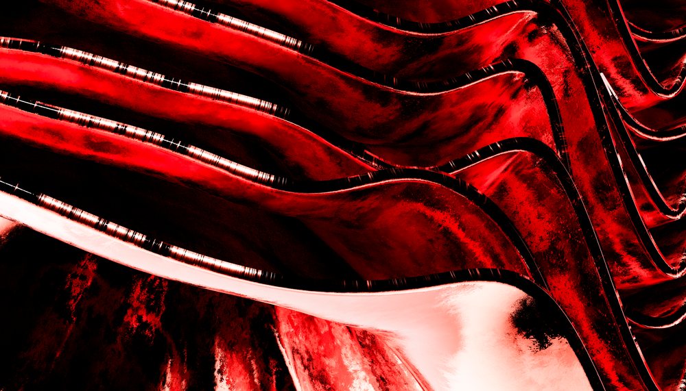 Red wave pattern with flowing curved shapes and a black background creating an abstract artistic texture.