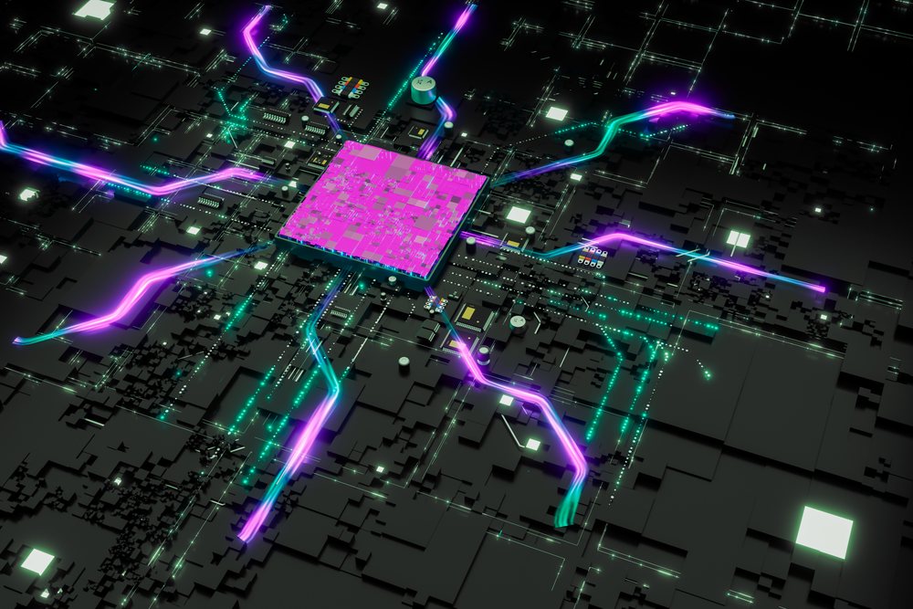 Microchip with neon light effects on a black circuit board in an abstract render background.