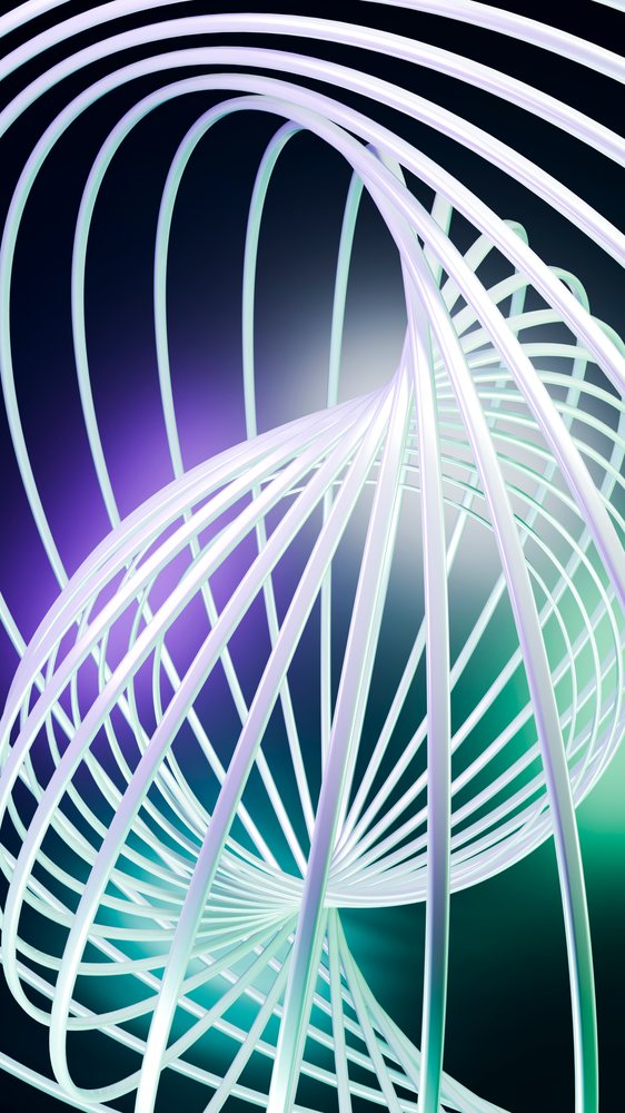 White wireframe digital sculpture featuring twisting spiral loops and smooth curved lines on a colorful gradient background.