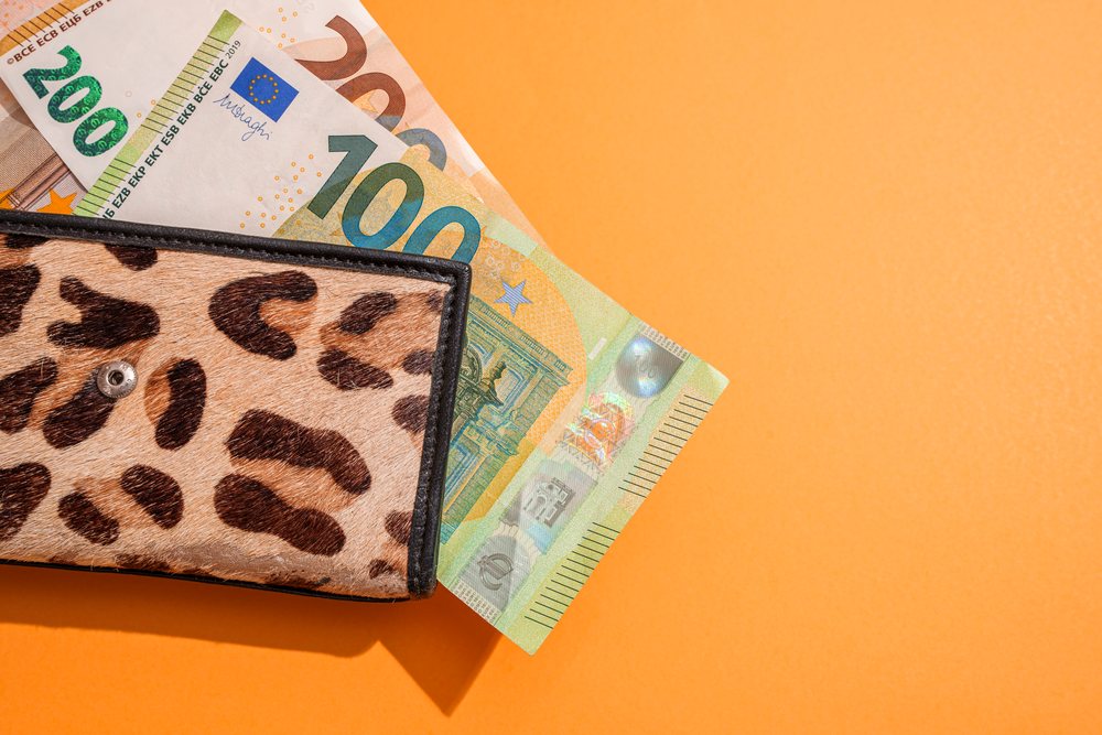 Wallet with leopard print holding 200 and 100 euro banknotes on orange background, Studio Shot.