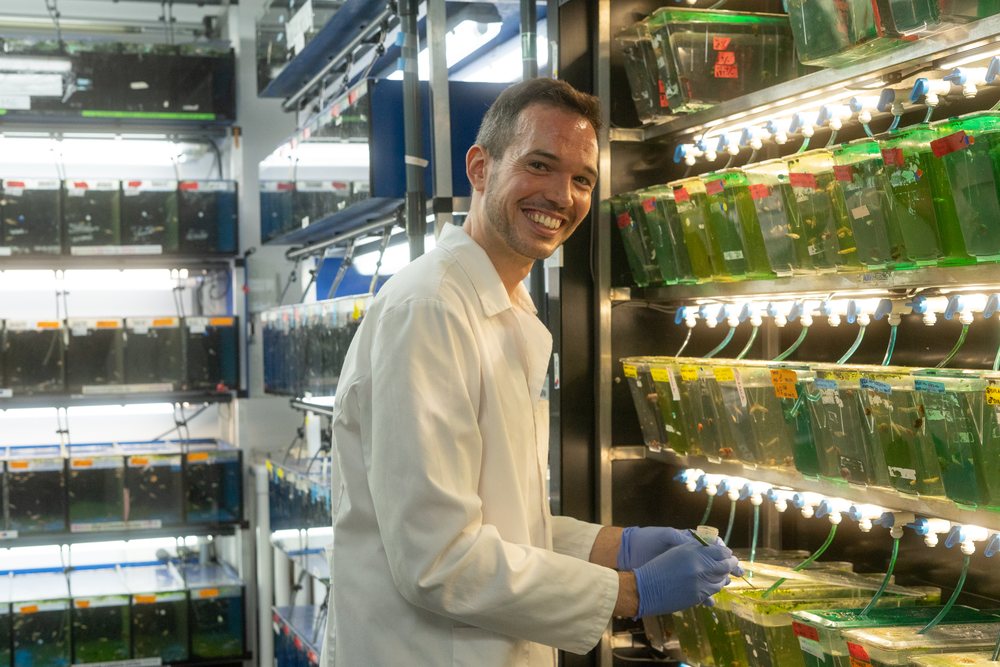 A male scientist wearing a lab coat and gloves smiles while working with fish tanks in a laboratory research facility, Spain.