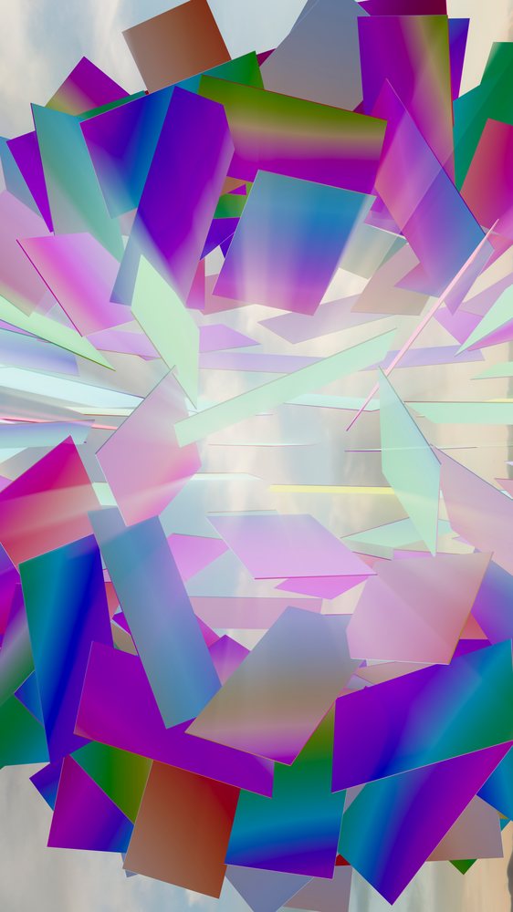 Colorful floating abstract 3D rectangles create depth and layering against a sky background with clouds.