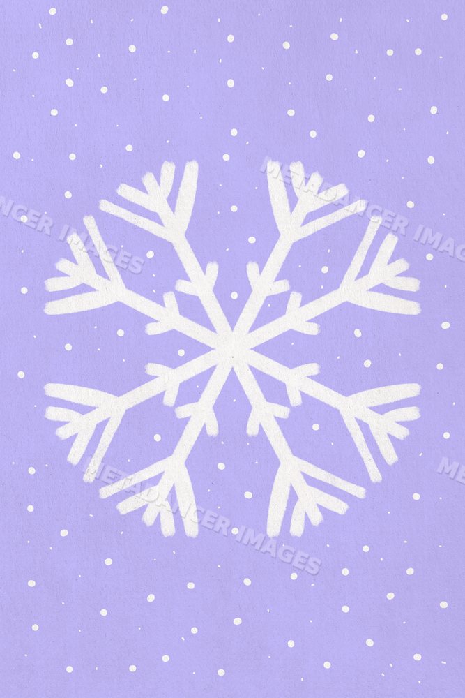 White snowflake illustration with falling snow on purple background
