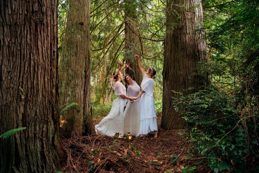 Three women wearing white dresses and flower crowns hold hands beneath tree branches around a lantern on a forest floor, muses, USA.