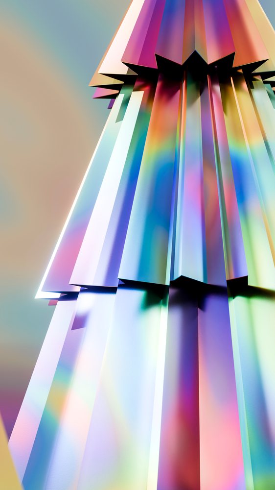 Digital 3D rendering of abstract vertical layered geometric shapes with prismatic pastel color gradients and light reflections.