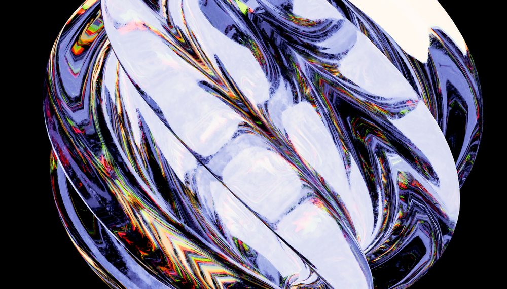 Colorful swirling glossy 3D rendered spherical shape on a black background, abstract render background.