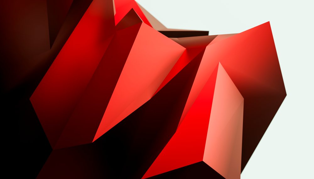 Red abstract geometric shapes with sharp angular edges set against a clean light background in a digital 3D rendering.