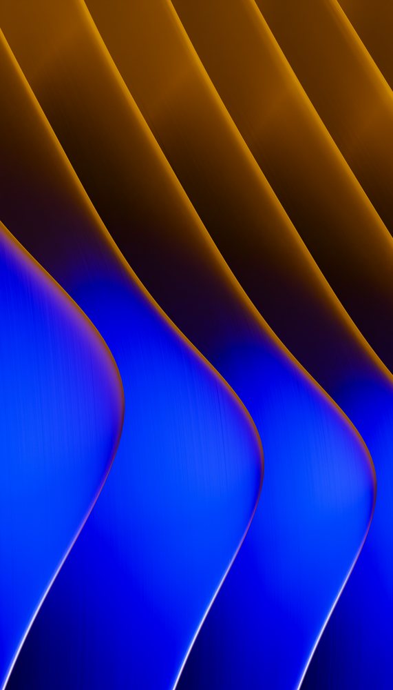 Abstract digital render of flowing blue and orange curved wave patterns with a smooth gradient background.