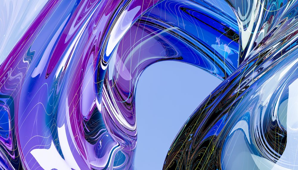 Abstract digital artwork showing swirling blue and purple forms with glossy, reflective surfaces in a smooth, flowing design.