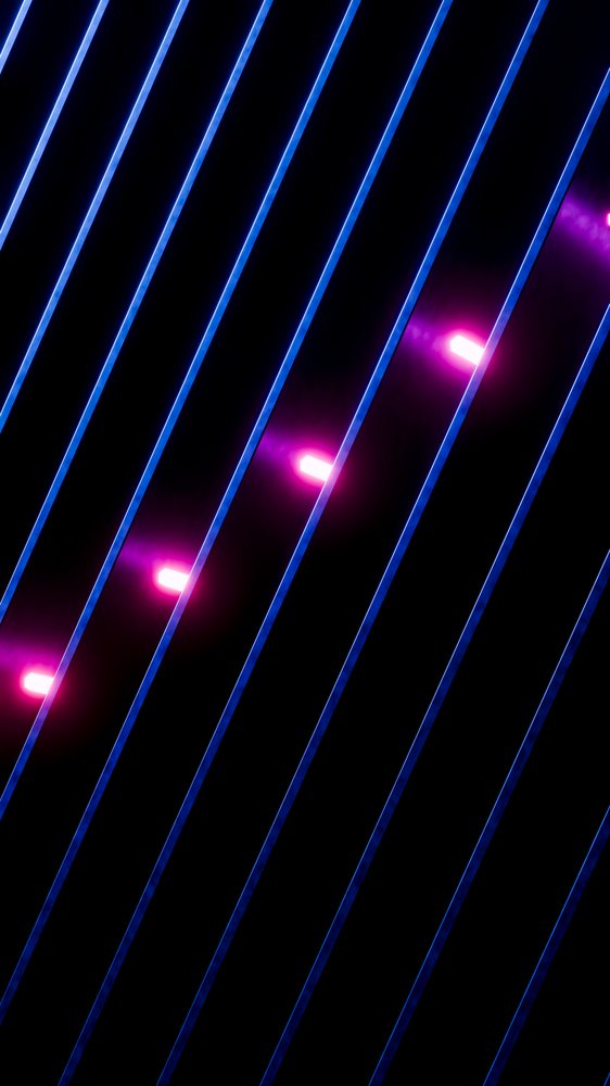 Purple glowing lights shine behind diagonal blue lines forming a symmetrical abstract pattern on a black background.