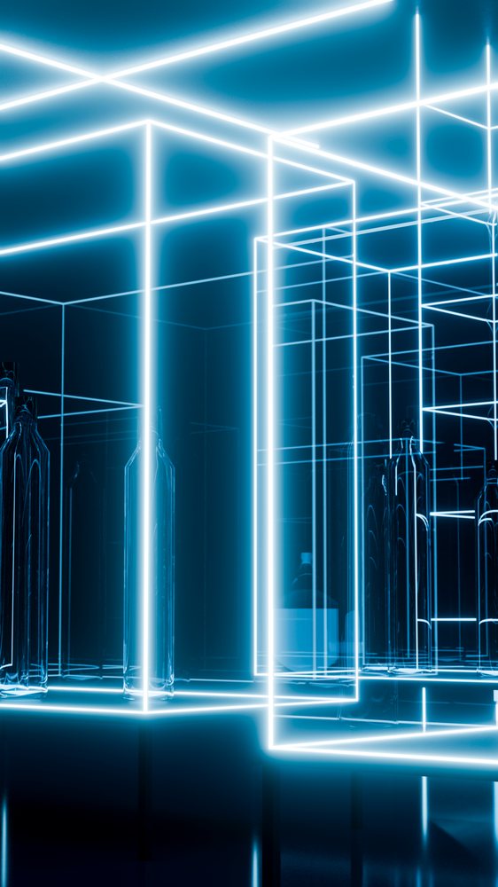 Glass bottles displayed inside blue glowing neon light cubes forming a modern abstract art installation with reflective dark background.