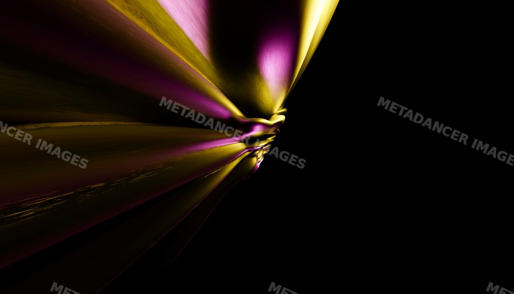 Colorful twisted gold and purple metallic abstract form on black