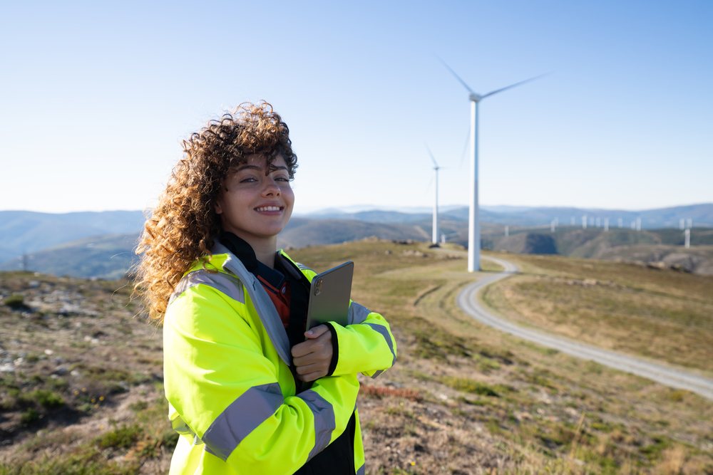 Woman wearing a high visibility jacket holding a tablet near wind turbines on a mountainous wind farm, sustainability, renewable energy, Galicia, Spain.