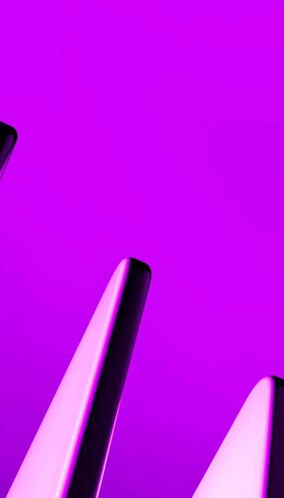 Three sleek vertical abstract objects with smooth surfaces illuminated by vibrant purple lighting against a purple background.