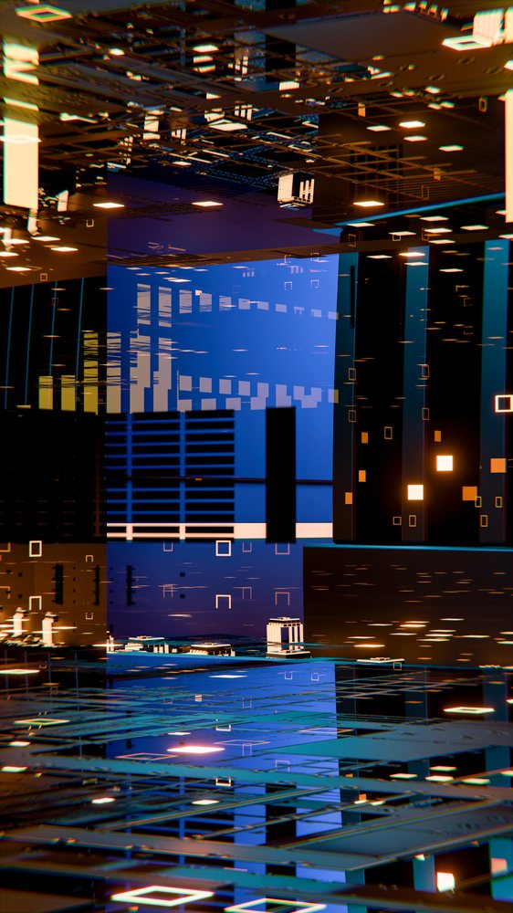 Digital cityscape featuring futuristic architecture with glowing neon lights and geometric shapes at night.
