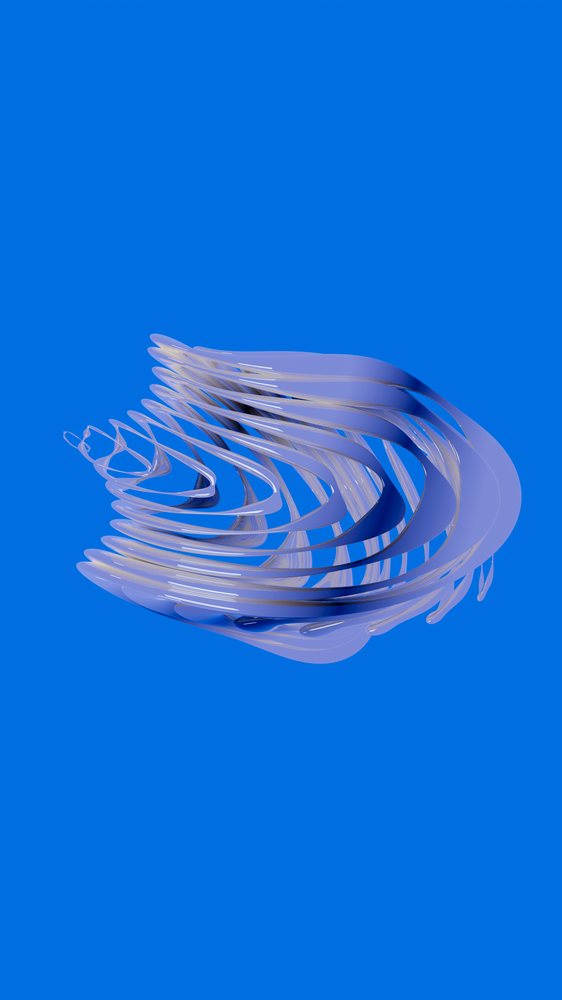 Abstract digital sculpture with fluid curved lines and a smooth shiny surface against a blue background.