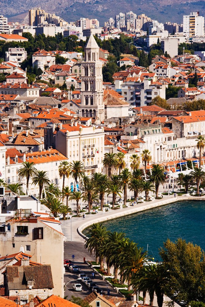 Historic red-tiled waterfront buildings and cathedral bell tower, Croatia, with palm trees and mountains in the background.