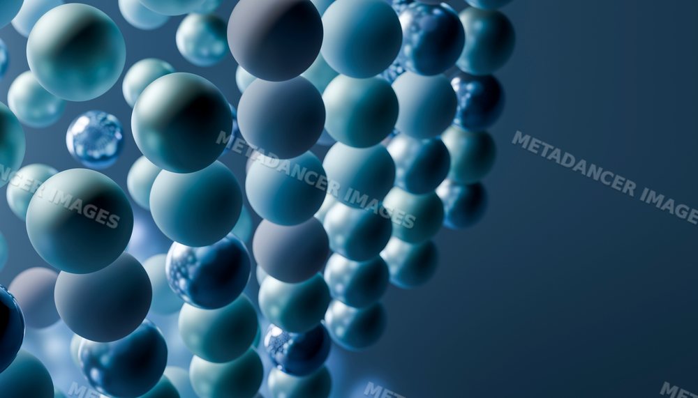 Close-up view of blue spheres forming a molecular cluster